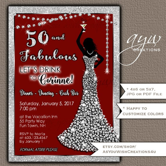 50 Birthday Party Invitations
 50th Birthday Party Invitations Woman Bling Dress Fifty