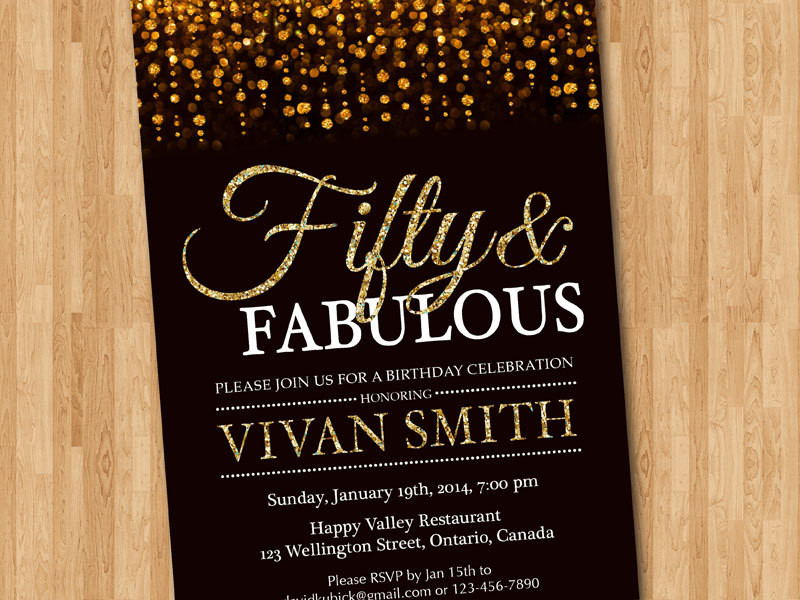 50 Birthday Party Invitations
 50th birthday invitation for women Fifty and fabulous Golden