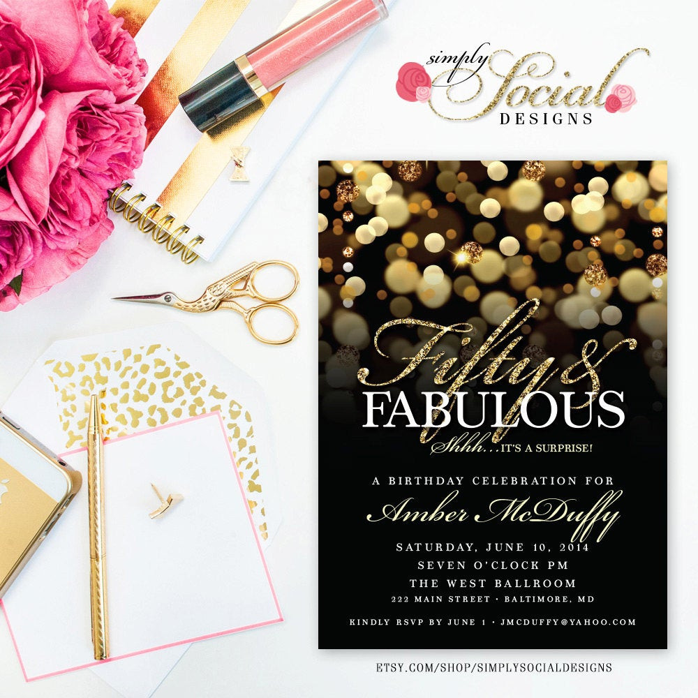 50 Birthday Party Invitations
 Surprise 50th Birthday Party Invitation with Gold Glitter