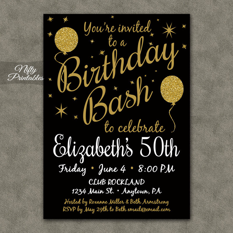 50 Birthday Party Invitations
 50th Birthday Invitation Printable 50 Black Gold Glitter