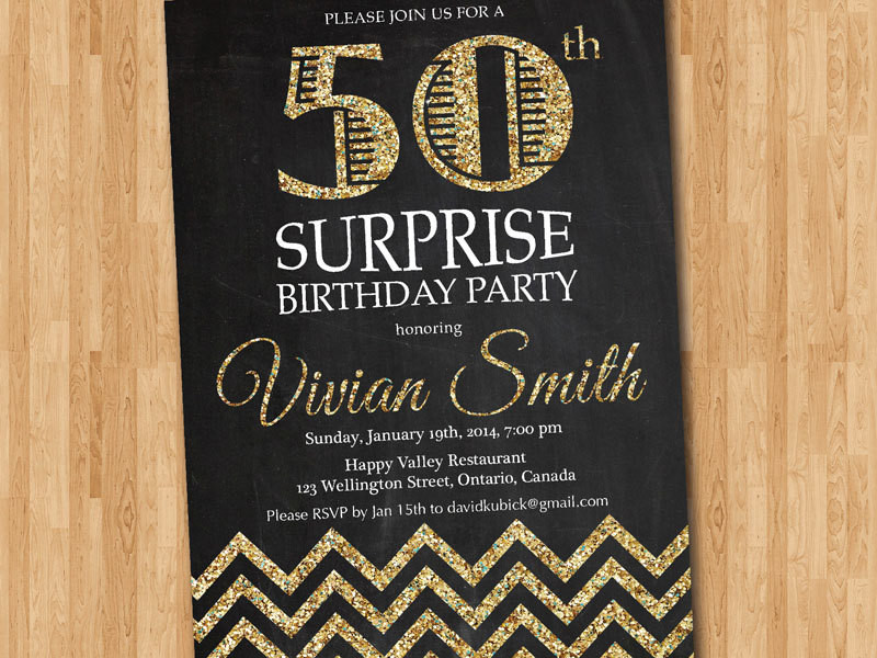 50 Birthday Party Invitations
 50th birthday invitation for women Gold Glitter Chevron