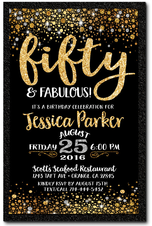 50 Birthday Party Invitations
 Gold Glitter Fifty and Fabulous 50th Birthday Invitations