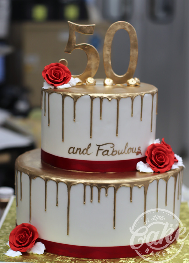 50th Birthday Cake
 2 Tiered Gold Drip 50th Birthday Cake