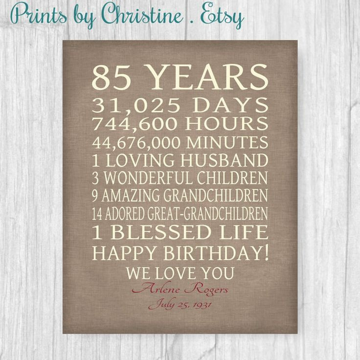 85Th Birthday Gift Ideas
 85th BIRTHDAY GIFT Sign Print Personalized Art Mom Dad