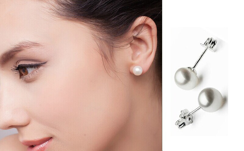8mm Pearl Earrings
 Stud Earrings Unique Natural White round flat 8mm Baroque