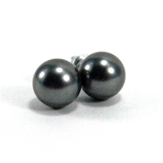 8mm Pearl Earrings
 Charcoal Pearl Earrings 8mm Dark Gray Round by OrionOctober
