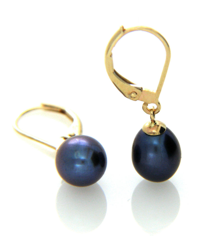 8mm Pearl Earrings
 Hallmarked 9ct Gold Cultured Black Freshwater Pearl 7 8mm