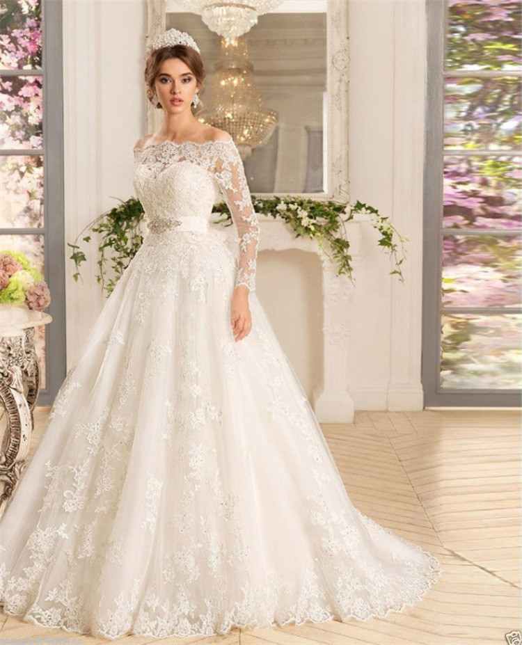 A Line Lace Wedding Dress
 Lace Wedding Dress Ivory A Line Long Sleeves f Shoulder
