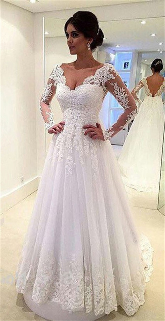 A Line Lace Wedding Dress
 Princess A Line Scalloped Neck Long Sleeve Tulle Lace