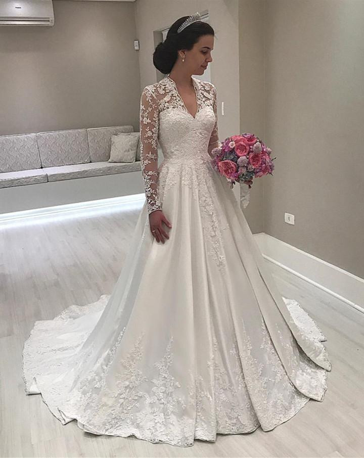 A Line Lace Wedding Dress
 Vintage A line Lace Long Sleeves Satin Wedding Dresses For