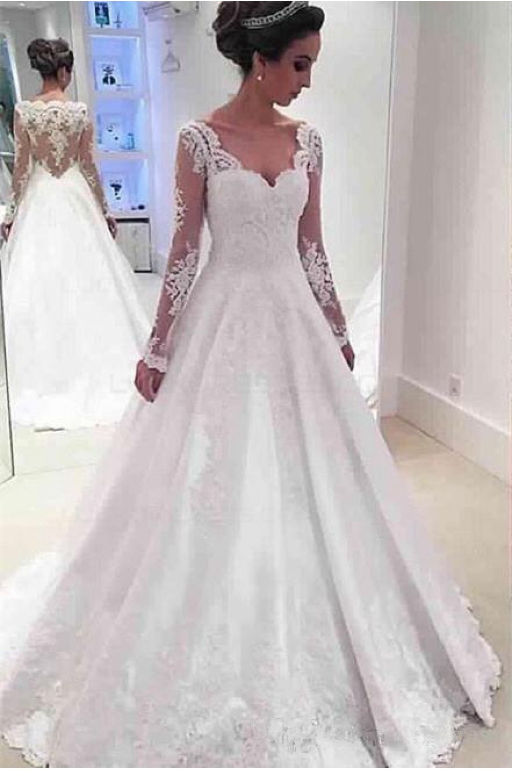 A Line Lace Wedding Dress
 A Line Long Sleeves Lace Wedding Dresses Bridal Gowns