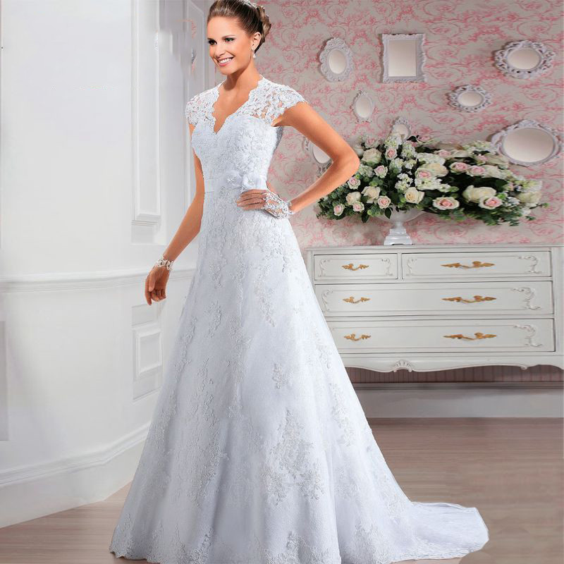 A Line Lace Wedding Dress
 Short Cap Sleeves V Neck Lace A Line Wedding Dress
