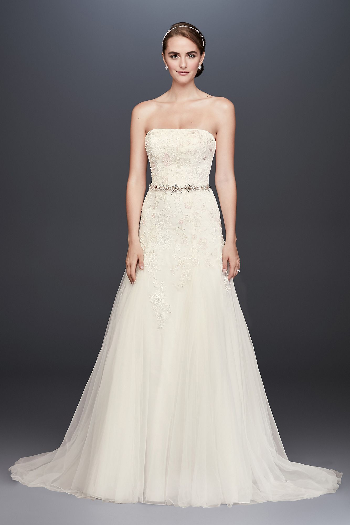 A Line Lace Wedding Dress
 Strapless Long A line Lace Appliqued Straight Neckline