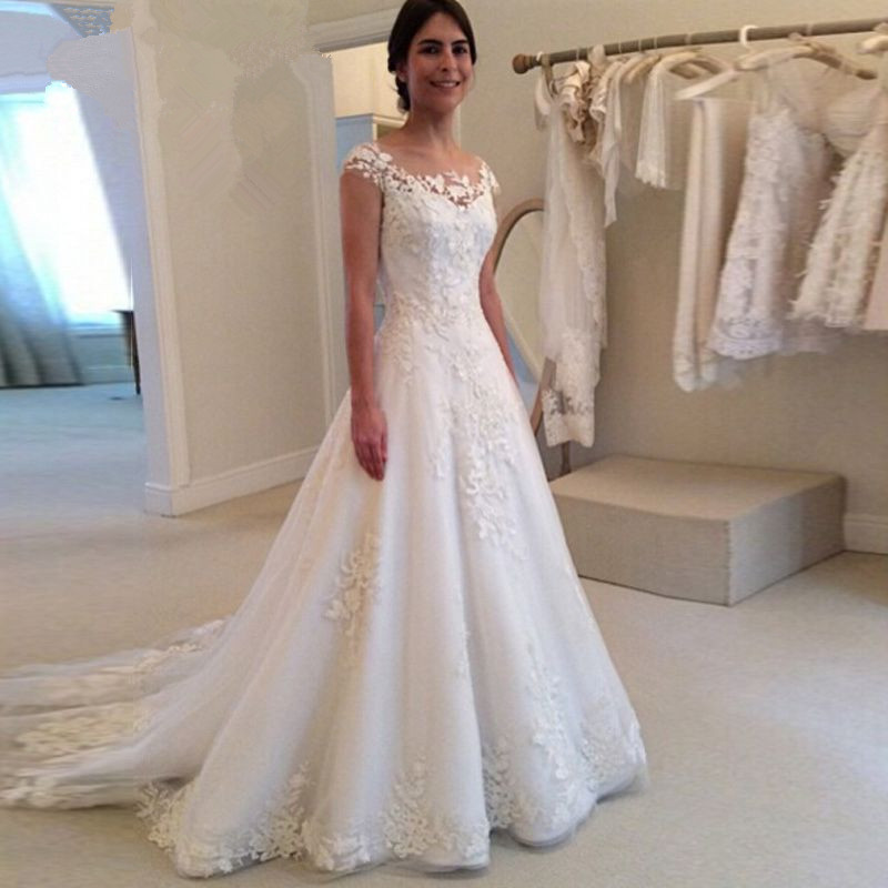 A Line Lace Wedding Dress
 Glamorous Cap Sleeve Lace Appliques Wedding Dresses 2020 A