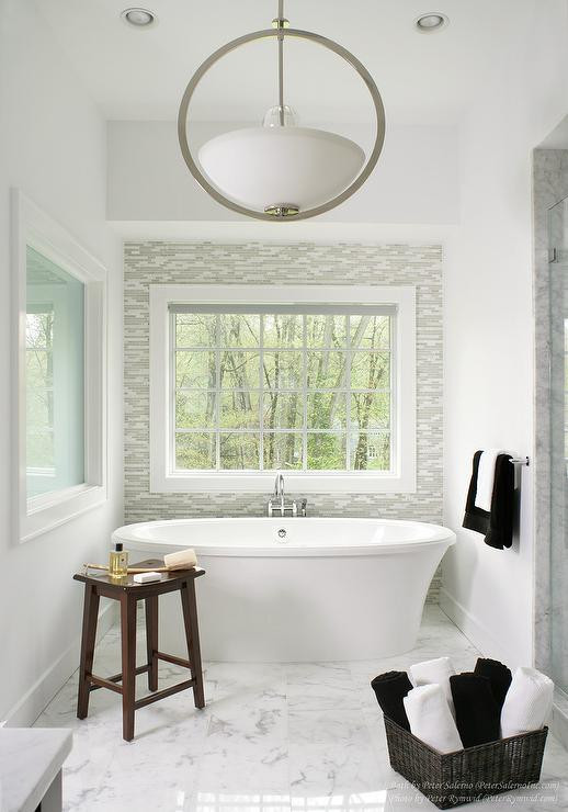 Accent Wall Bathroom
 Bathroom with Gray Glass Tile Accent Wall Contemporary