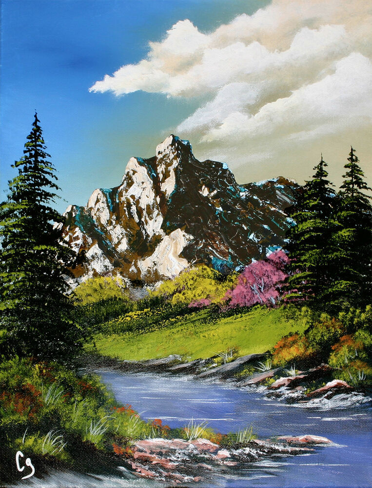 Acrylic Landscape Paintings
 VIBRANT MOUNTAIN & STREAM ACRYLIC 12x16" LANDSCAPE