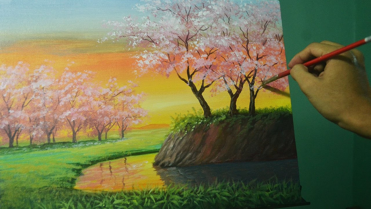 Acrylic Landscape Paintings
 Acrylic Landscape Painting Lesson Cherry Blossoms on