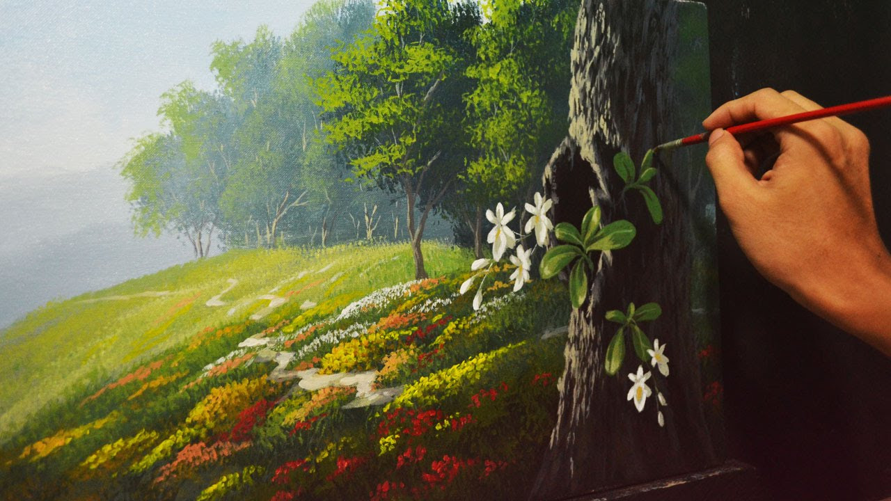 Acrylic Landscape Paintings
 Acrylic Landscape Painting Lesson Garden and Orchids by