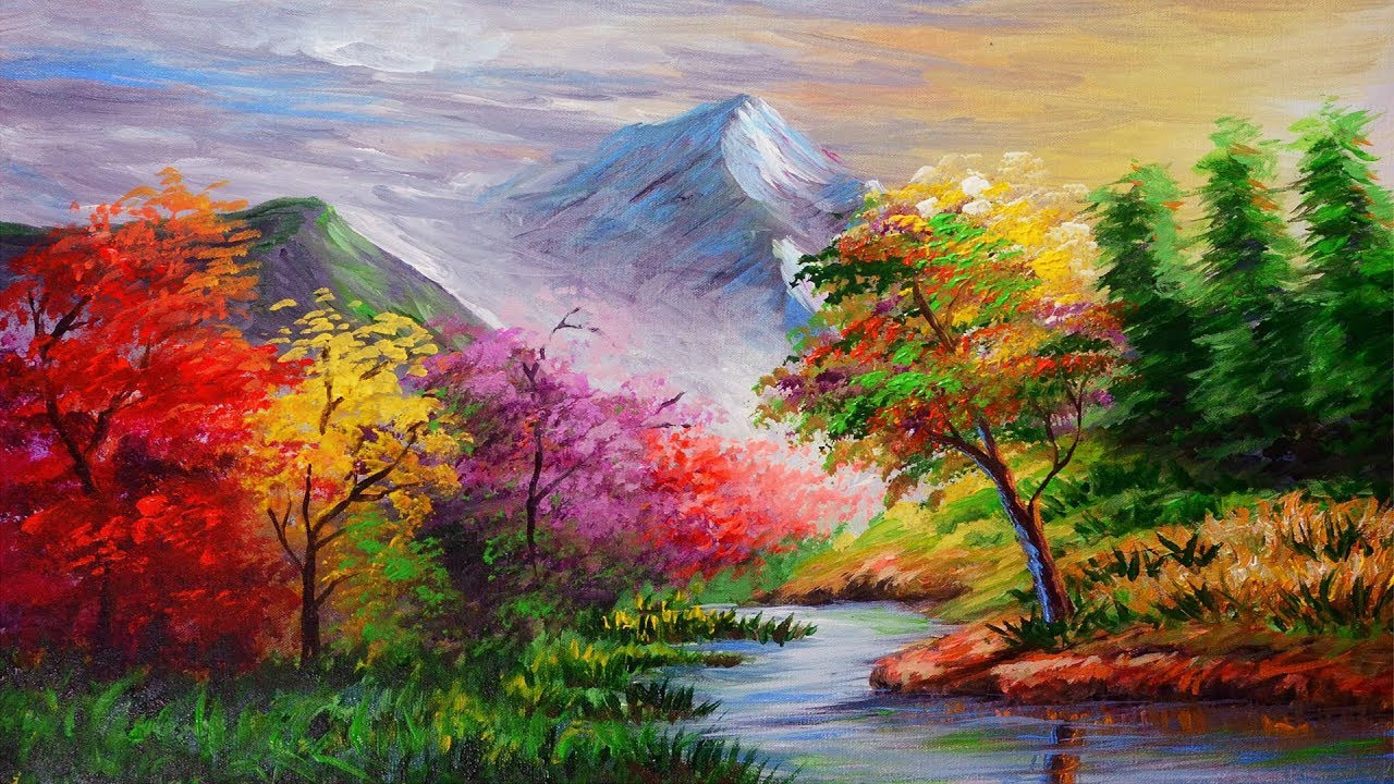 Acrylic Landscape Paintings
 How to paint step by step basic Landscape with Autumn