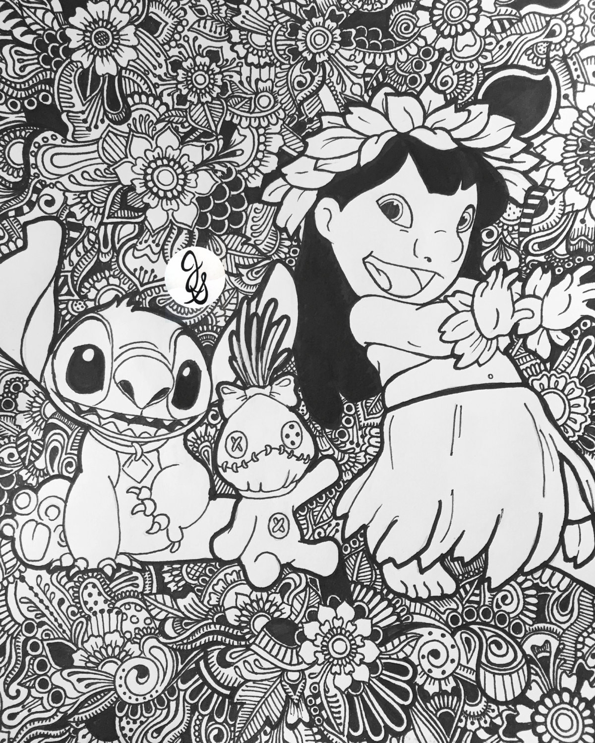 Adult Disney Coloring Pages
 Lilo and Stitch Floral Design