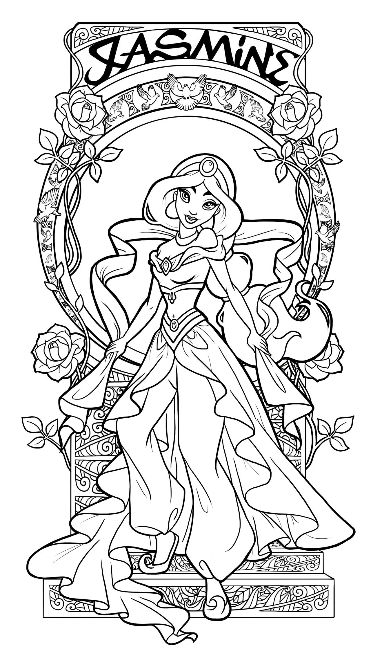 Adult Disney Coloring Pages
 Jasmine Art Nouveau Lineart by Paola Tosca on DeviantArt