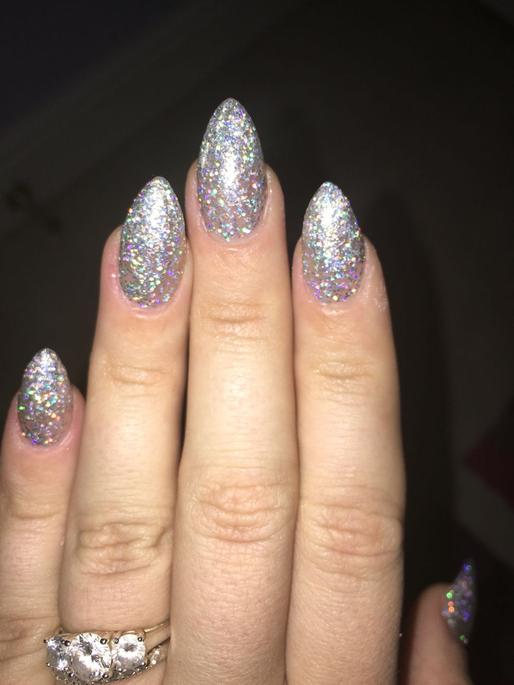 Almond Glitter Nails
 Silver glitter almond stiletto nsi acrylic nails