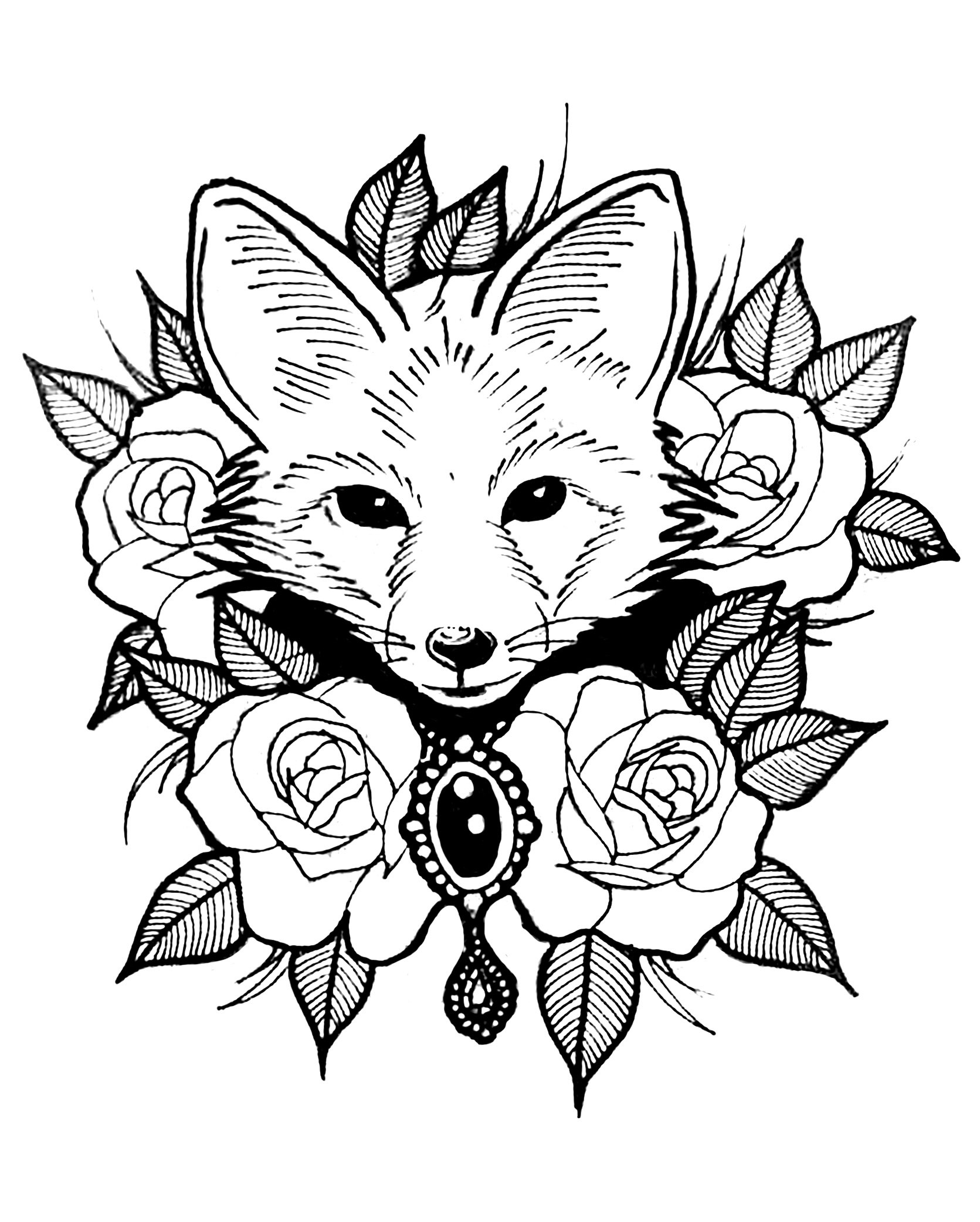 Animals Coloring Pages For Adults
 Cute fox with roses