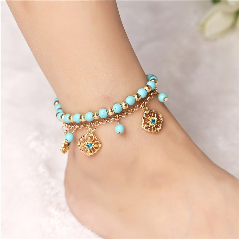 Anklet Boho
 bohemian ankle bracelet cheville blue bead flower