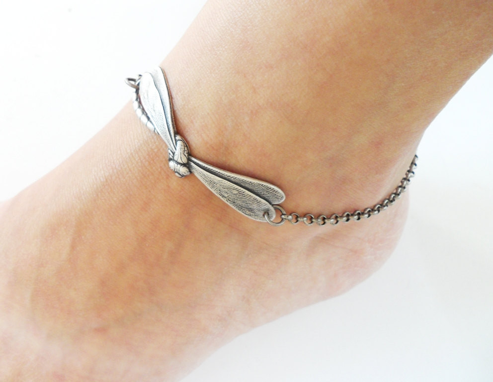 Anklet Silver
 Steampunk Dragonfly Anklet Sterling Silver Ox or Antiqued