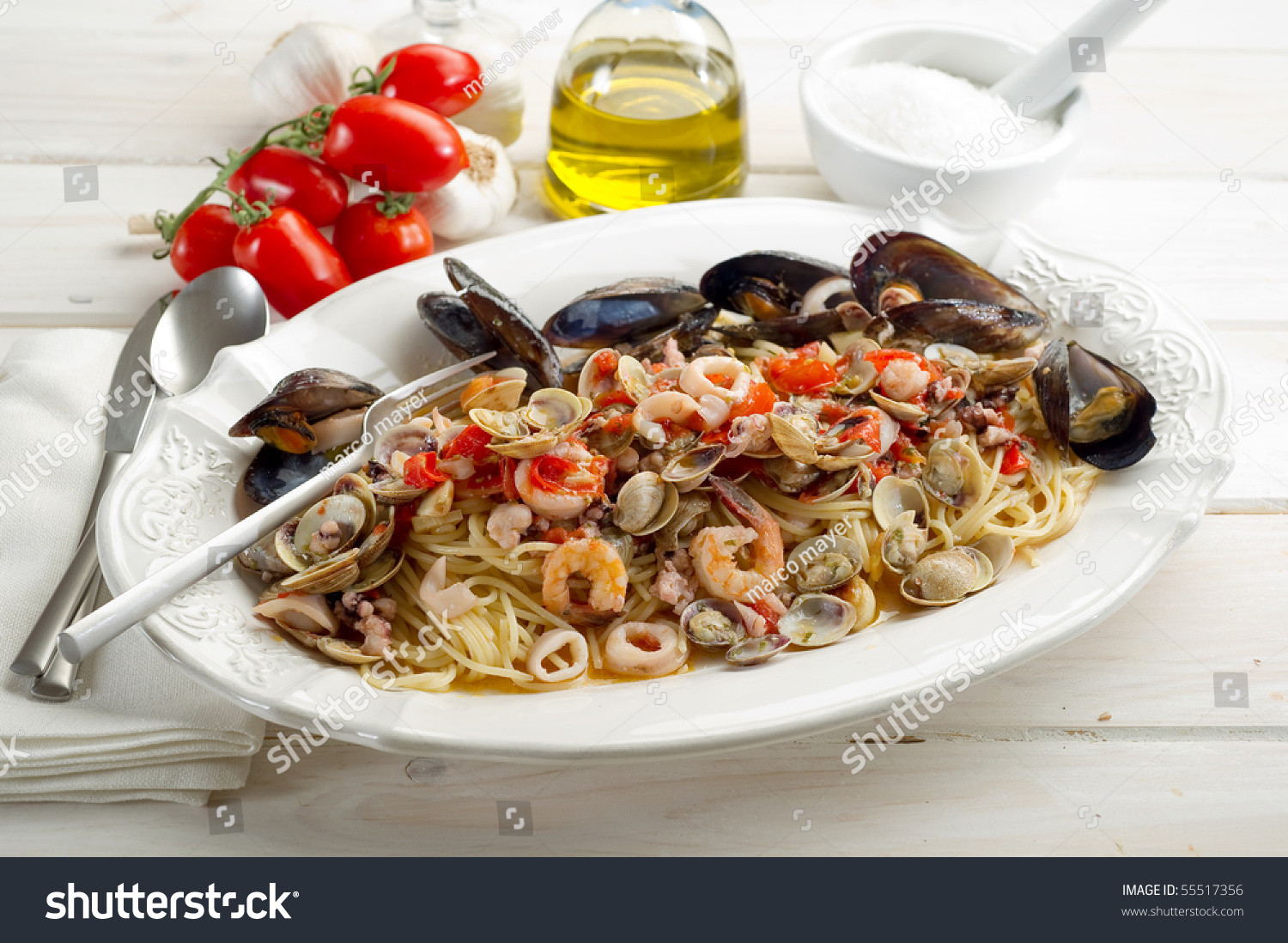 Authentic Italian Seafood Pasta Recipes
 Scoglio Spaghetti Traditional Italian Seafood Recipe Stock