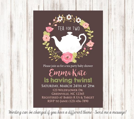 Baby Announcement Party
 Tea for Two Baby Shower Invitation Girl Twins Invitation