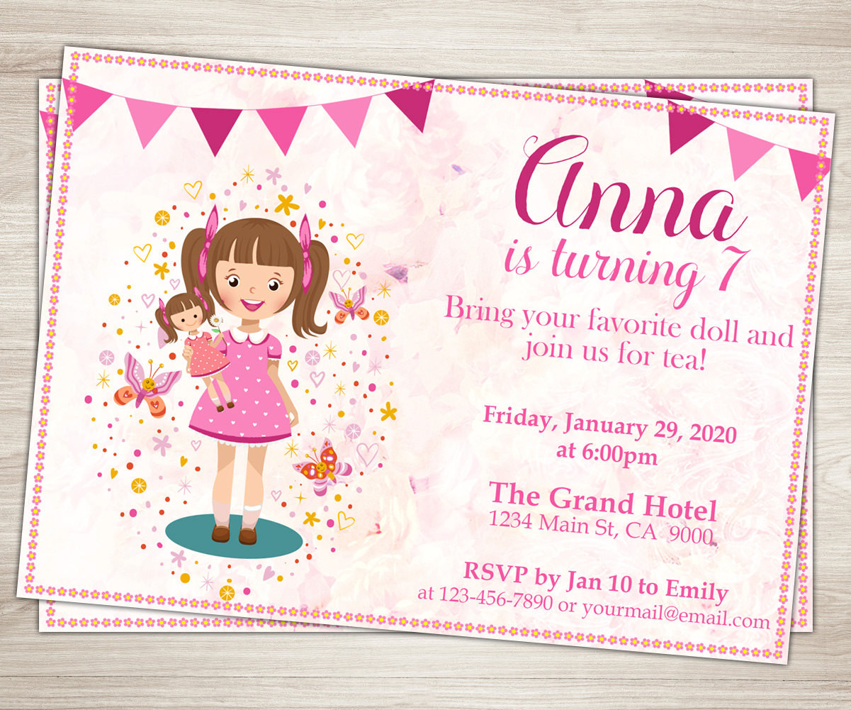 Baby Birthday Party Invitations
 Baby Doll Party Invitation Doll Girl 7th Birthday Invitation