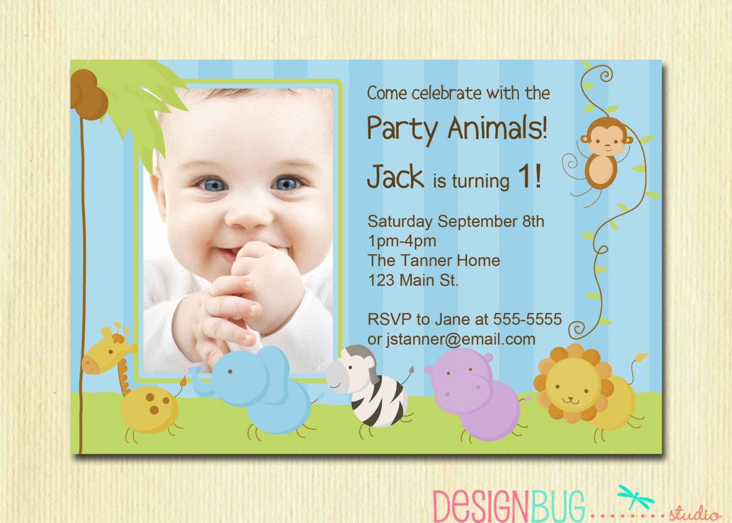Baby Birthday Party Invitations
 First Birthday Boy Invitation Baby Jungle Safari Party