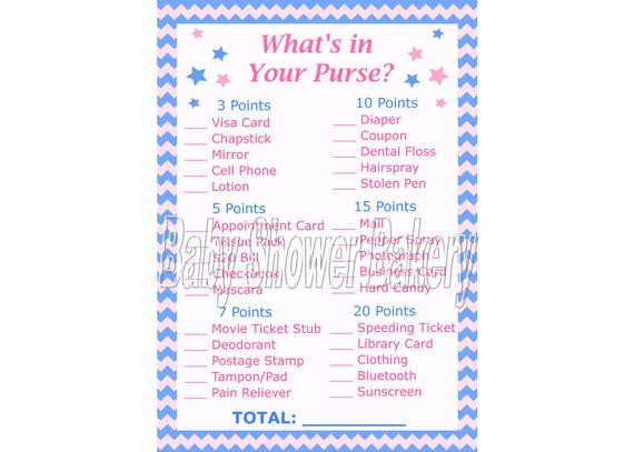 Baby Gender Revealing Party Games
 Gender Reveal Party Game What s in Your Purse Game