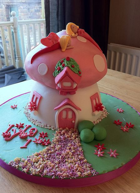 Baby Girl Birthday Cakes
 Pink mushroom house first birthday cake for baby girl JPG