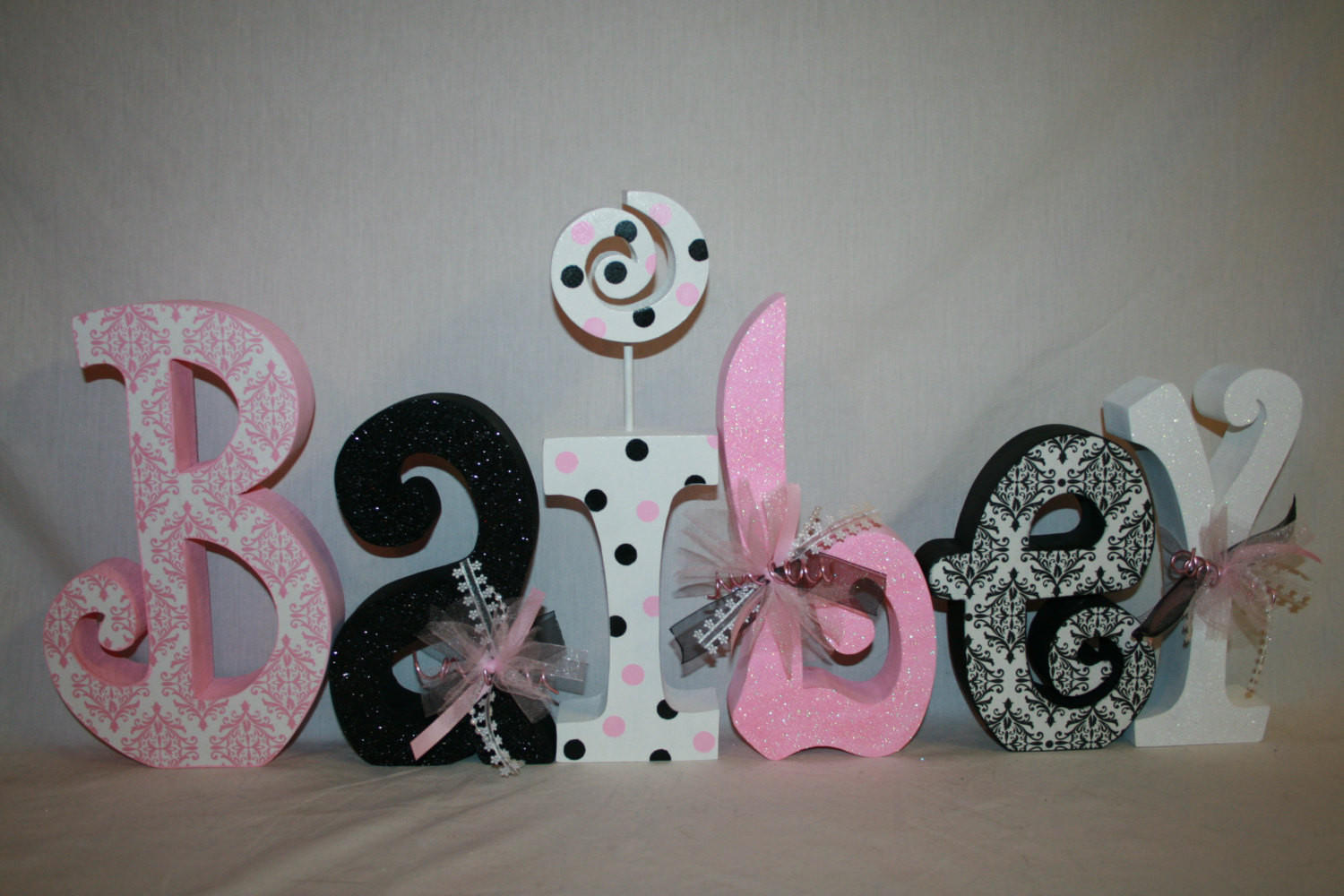Baby Name Letters Room Decor
 Baby girl nursery decor 6 letter set Pink and black decor