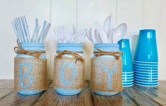 Baby Shower Decorating Ideas For A Boy
 Items similar to Baby Boy Mason Jar Decor Baby Shower