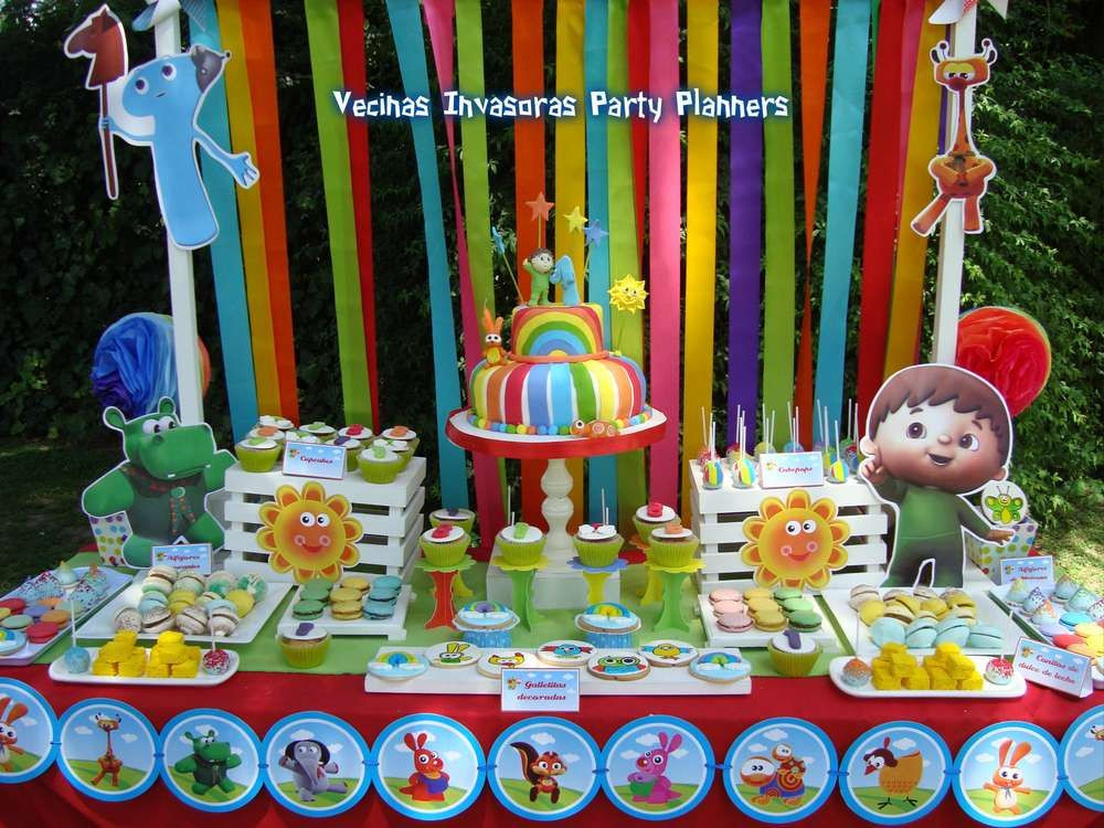 Baby Tv Party Supplies
 Dessert table and backdrop at a Baby TV birthday party