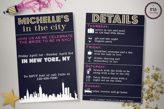 Bachelorette Party Ideas In Nyc
 NYC Bachelorette Party Invitation Itinerary The by