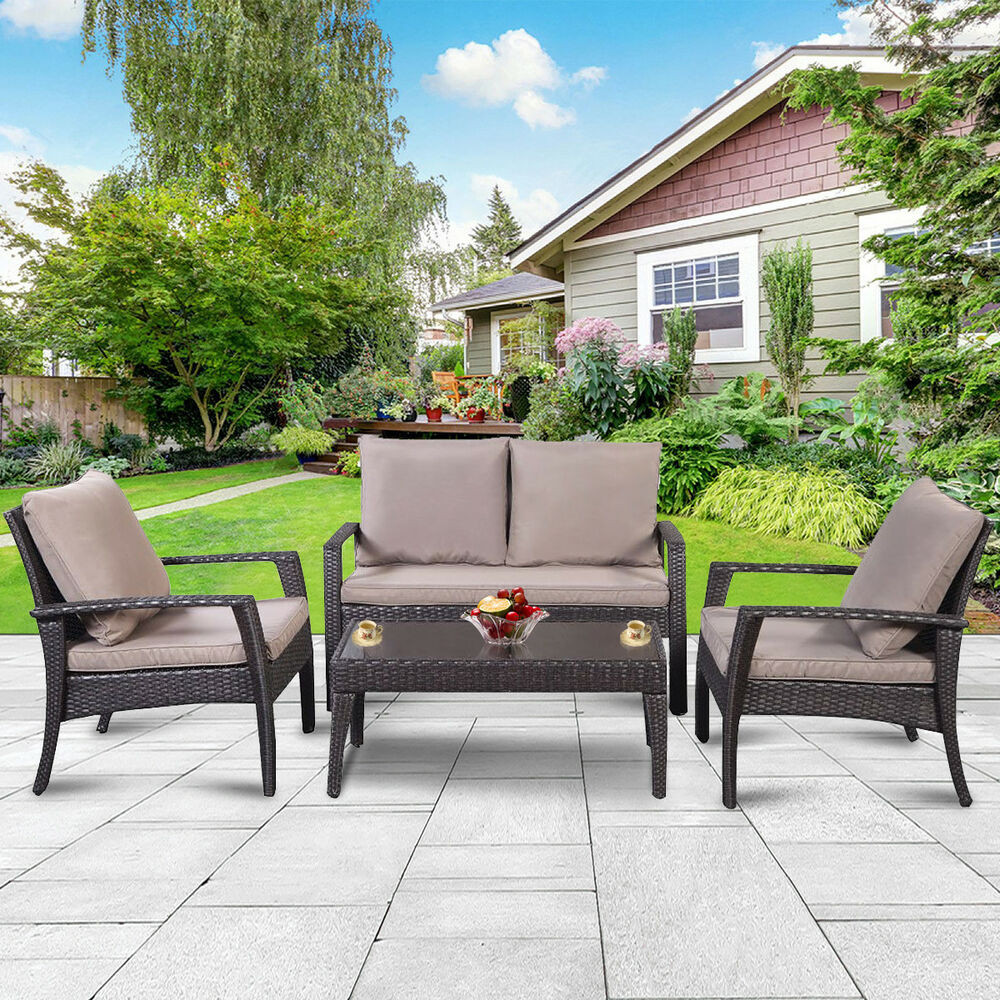 Backyard Furniture Sets
 4PC Patio Rattan Furniture Set Tea Table &Chairs Outdoor