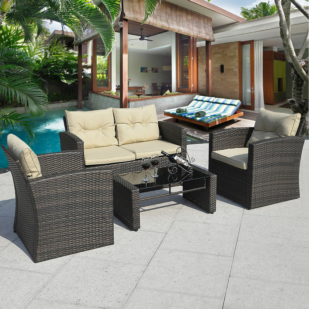 Backyard Furniture Sets
 4PCS Gra nt Brown Wicker Cushioned Patio Set Garden Sofa