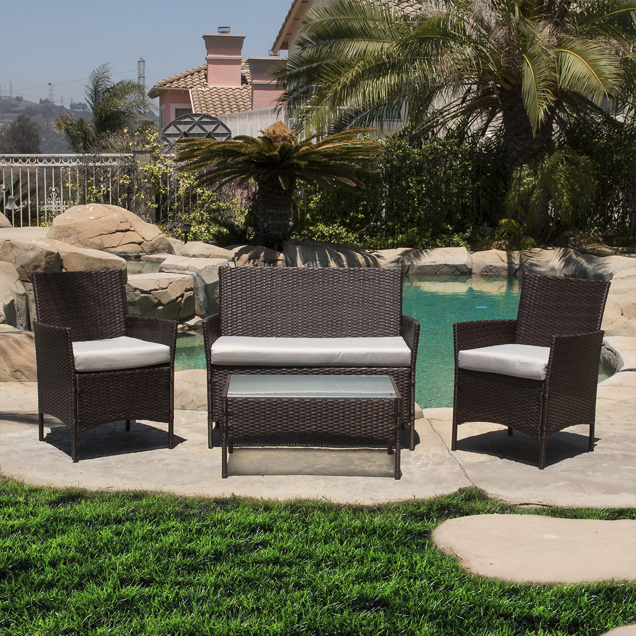 Backyard Furniture Sets
 4 PC Rattan Furniture Set Outdoor Patio Garden Sectional