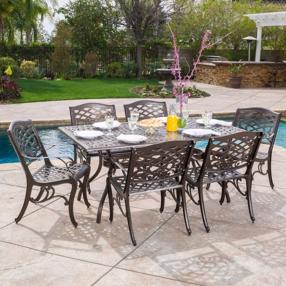 Backyard Furniture Sets
 Outdoor 7 piece Cast Aluminum Rectangle Bronze Dining Set