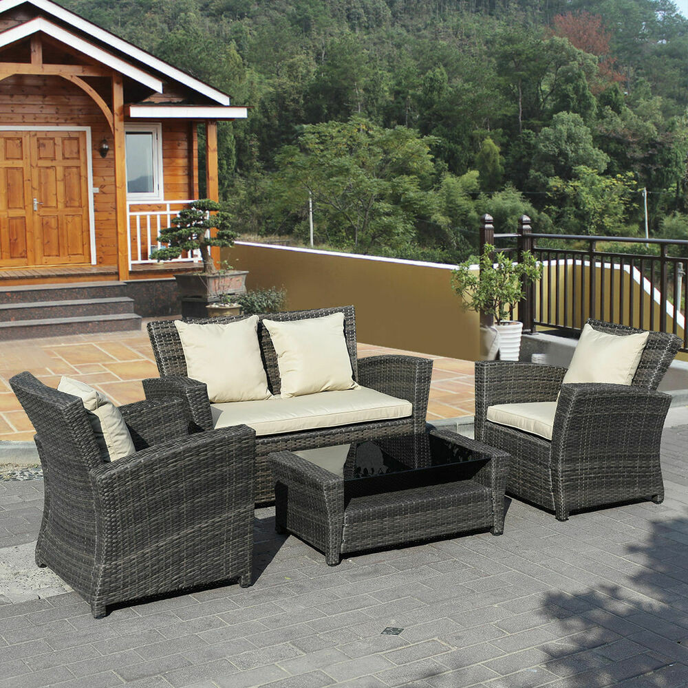 Backyard Furniture Sets
 4 PCS Brown Wicker Cushioned Rattan Patio Set Garden Lawn
