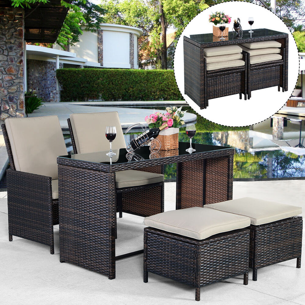 Backyard Furniture Sets
 New 5PCS Brown Cushioned Ottoman Rattan Patio Set Outdoor