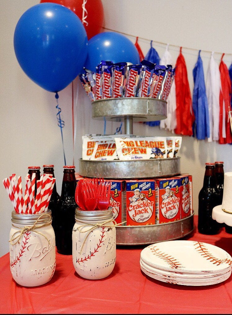 Baseball Themed Birthday Party
 Painted Mason Jar Set Baseball Themed Party Decor Baseball