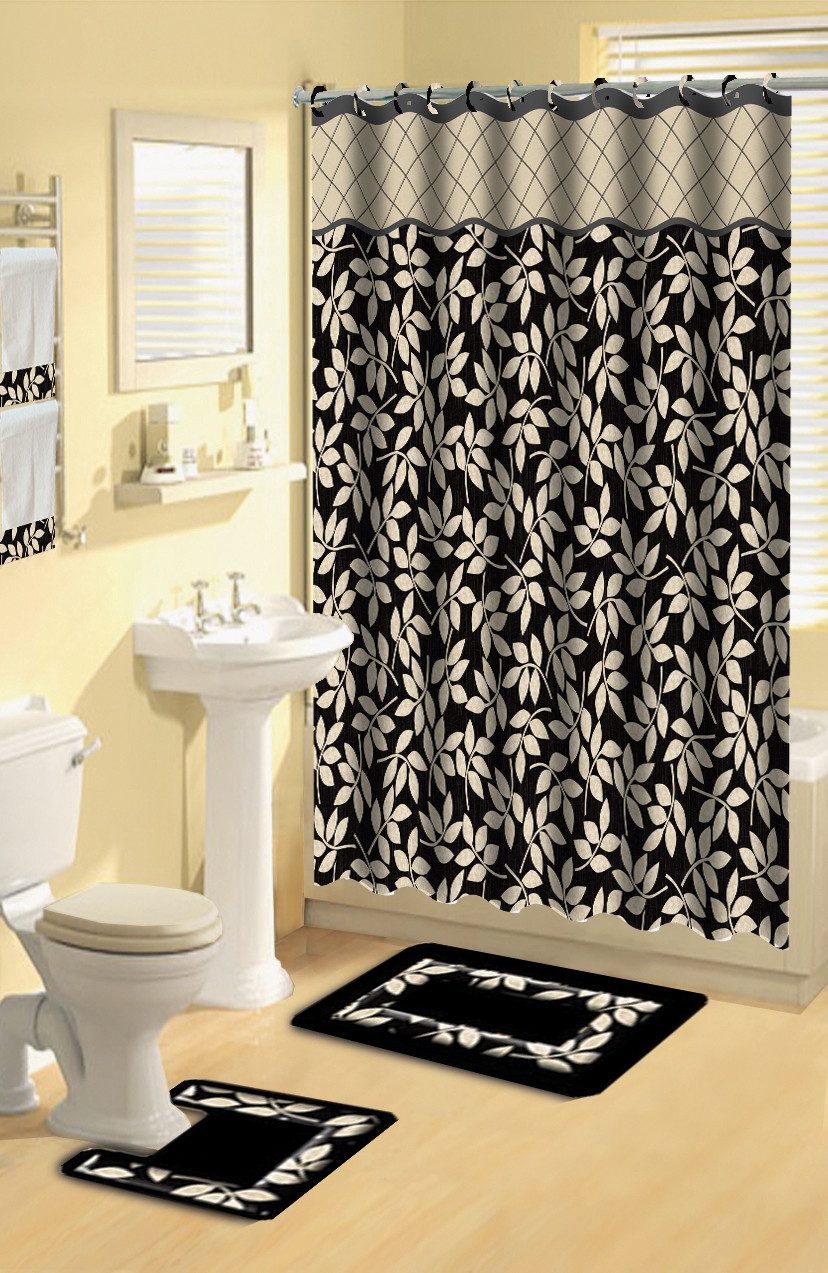 Bathroom Shower Curtain Sets
 Modern Floral Leaves Black 17 Piece Bath Rug Shower