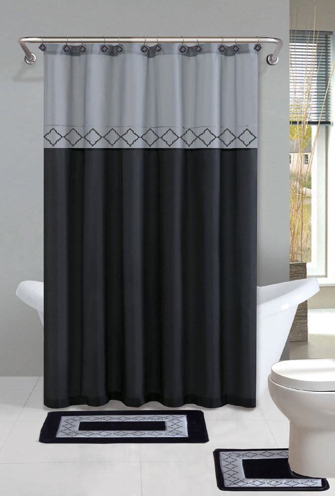 Bathroom Shower Curtain Sets
 Gray Black Modern Shower Curtain 15 Pcs Bath Rug Mat