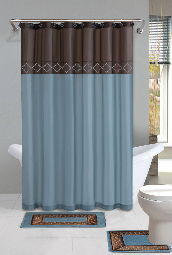 Bathroom Shower Curtain Sets
 Brown Blue Modern Shower Curtain 15 Pcs Bath Rug Mat
