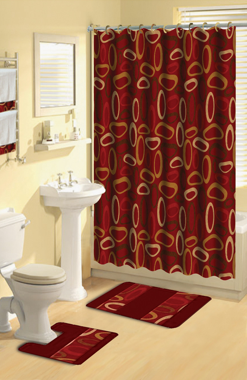 Bathroom Shower Curtain Sets
 Modern Geometric Burgundy Rings 17 Piece Bath Rug Shower